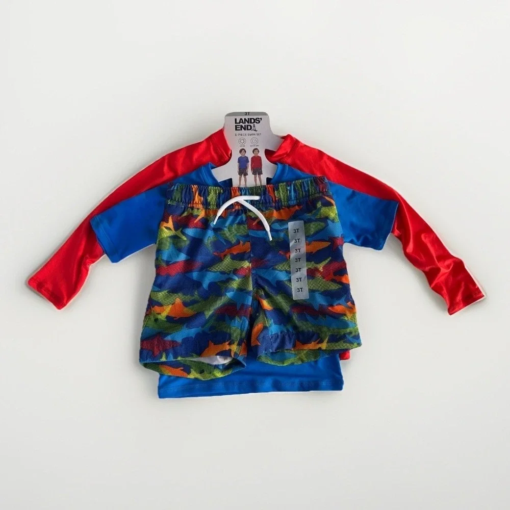 Lands' End 3 Piece Swim Set‎ Rash-Guard Trunks Boy's Size 3T Red Shark Print